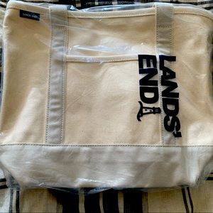 Lands’ End Natural trimmed in Grey Open Top Medium Canvas Tote. New.